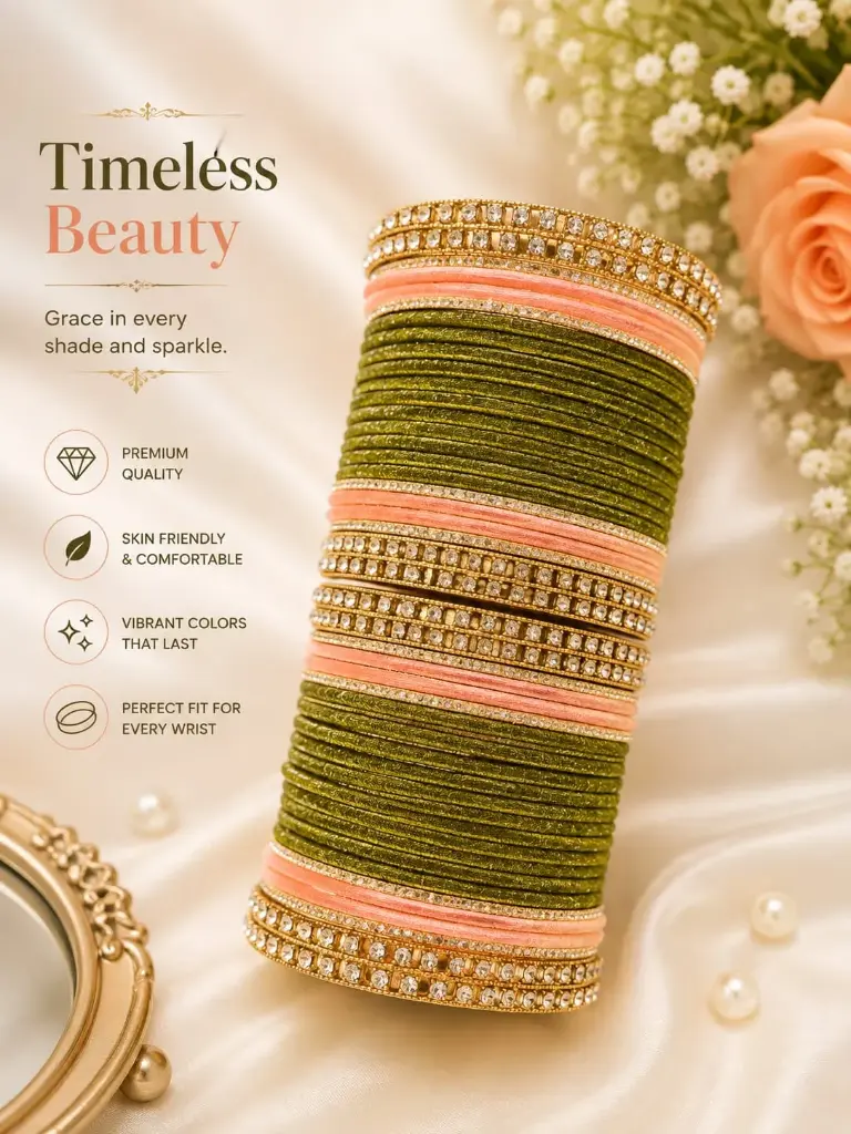 Olive Green & Peach Stone Designer Bangles