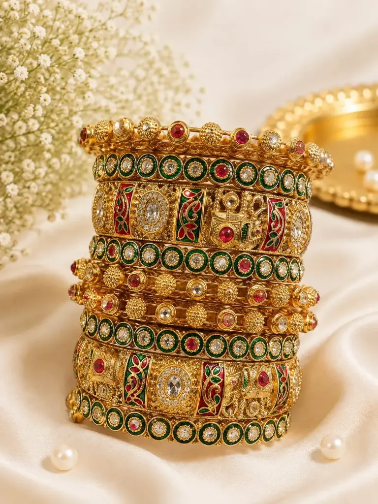 Traditional Green & Red Meenakari Kundan Bridal Bangles