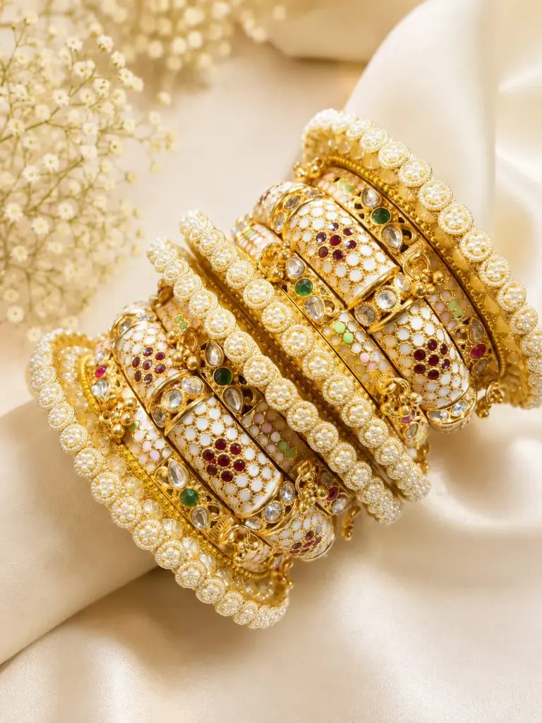 White Pearl Multicolor Kundan Designer Bangles